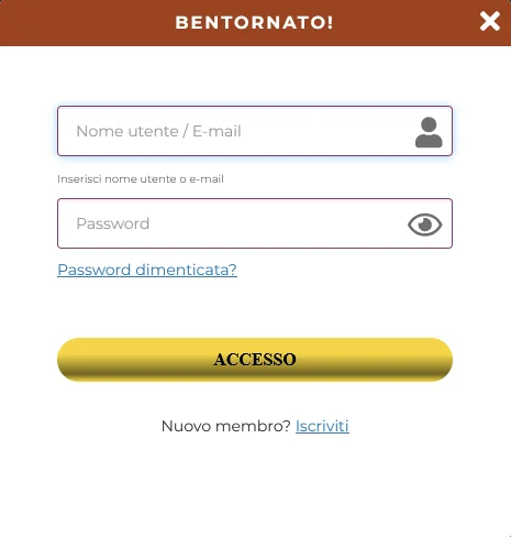 Modulo di accesso all'account sul sito Winorama per l'ingresso sicuro con campi username e password
