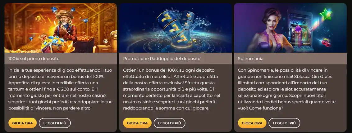 Pagina delle offerte promozionali sul casinò Winorama con bonus di benvenuto, giri gratuiti e offerte speciali per i giocatori italiani