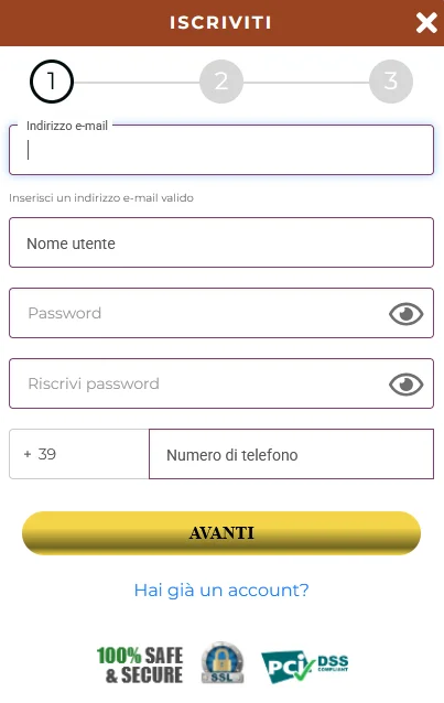 Modulo di registrazione sul sito ufficiale Winorama per creare un nuovo account con campi email, username e password