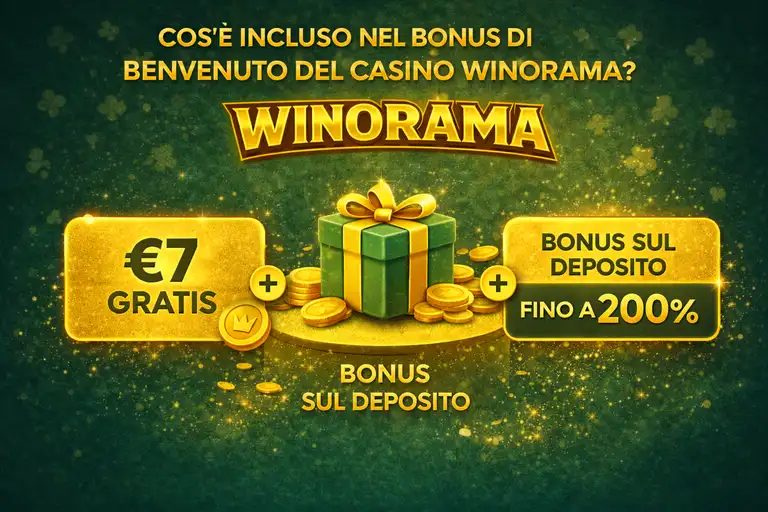 Contenuto del pacchetto bonus di benvenuto Winorama con offerta senza deposito di 7 euro e match sul primo deposito